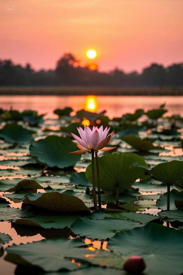 Sunset Lotus Bloom on Serene Pond — phone wallpaper