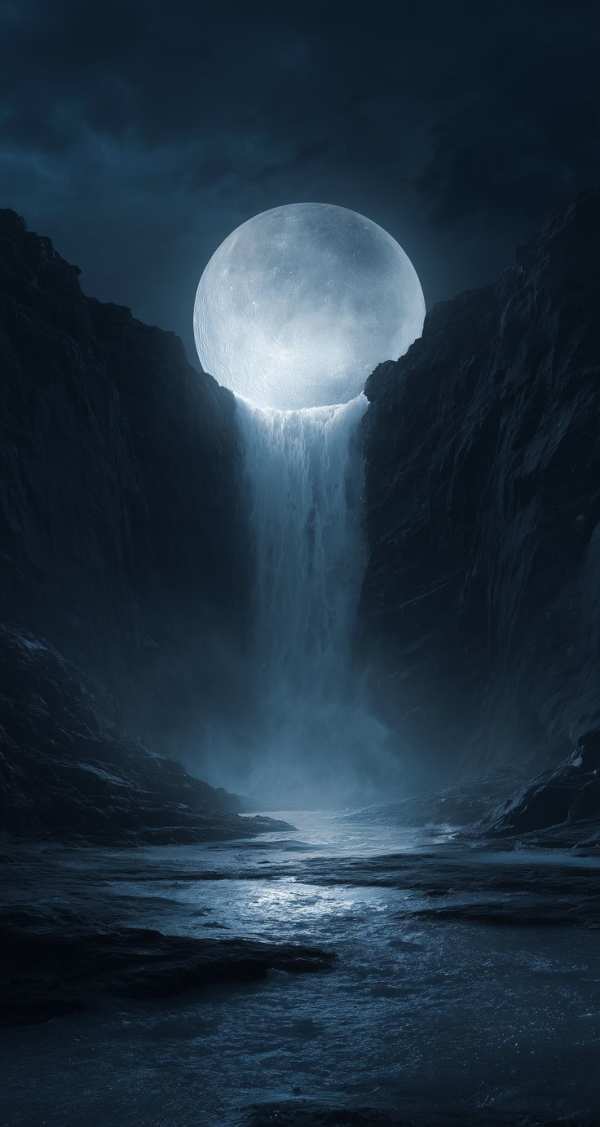 Moonlit Waterfall in Dark Gorge — phone wallpaper