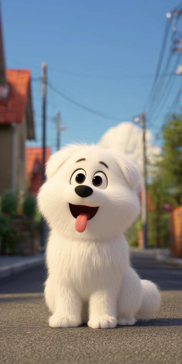 Joyful Fluffy White Cartoon Dog — phone wallpaper