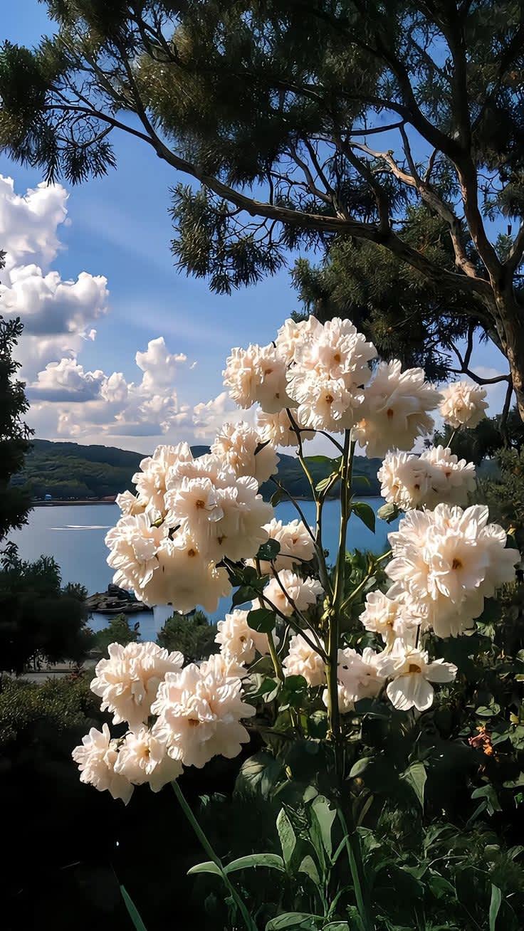 Lakeside White Roses Under Blue Sky — phone wallpaper preview