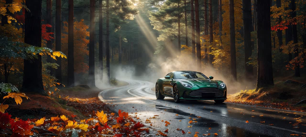 Emerald Sports Car Fall Forest Road — desktop wallpaper preview