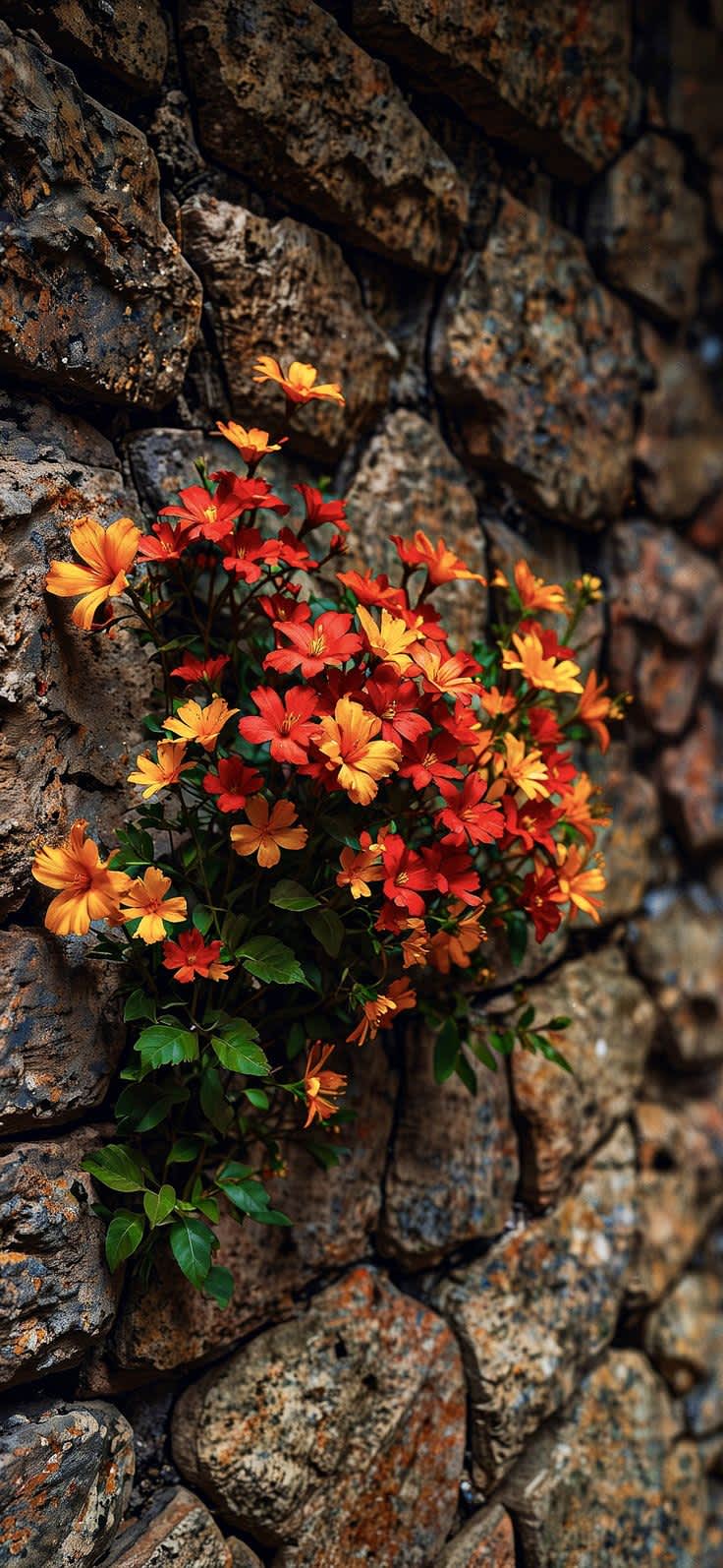 Vibrant Orange Red Flowers on Stone Wall — phone wallpaper preview