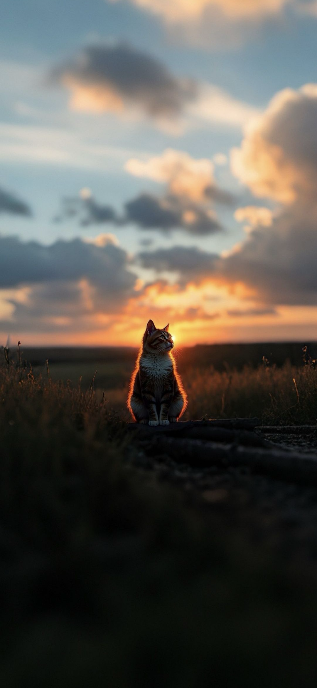 Golden Hour Cat in Field — phone wallpaper preview