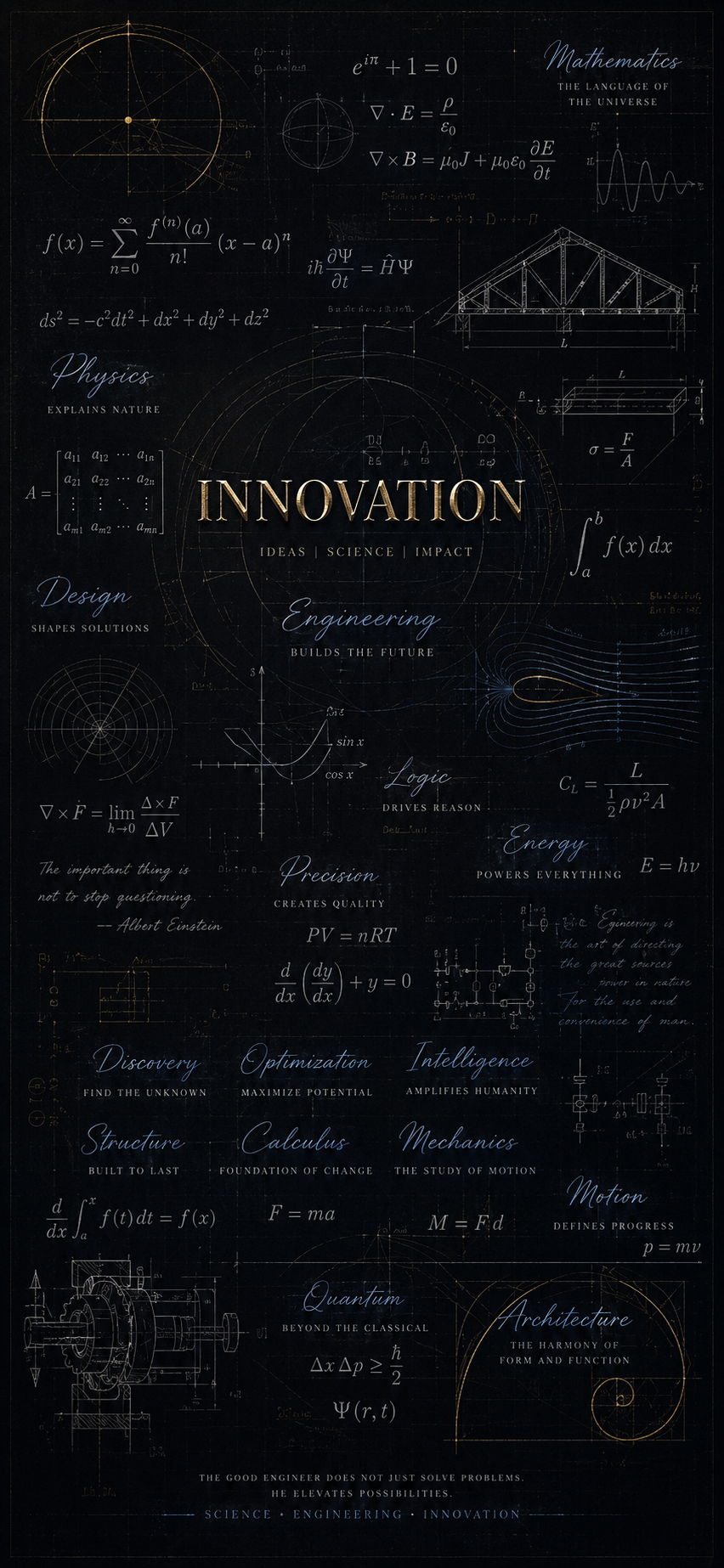 Golden Innovation Science Engineering Blueprint — phone wallpaper preview