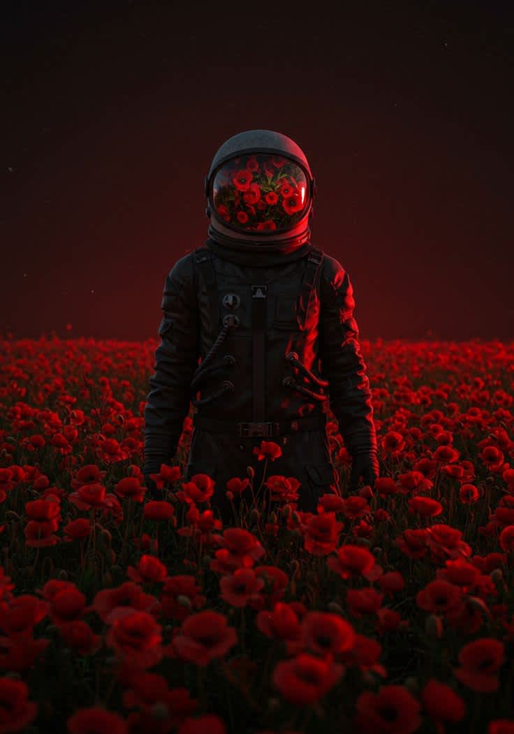Astronaut in Crimson Poppy Field — phone wallpaper preview
