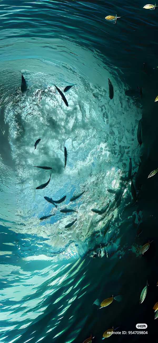 Underwater Fish School in Blue Light — phone wallpaper