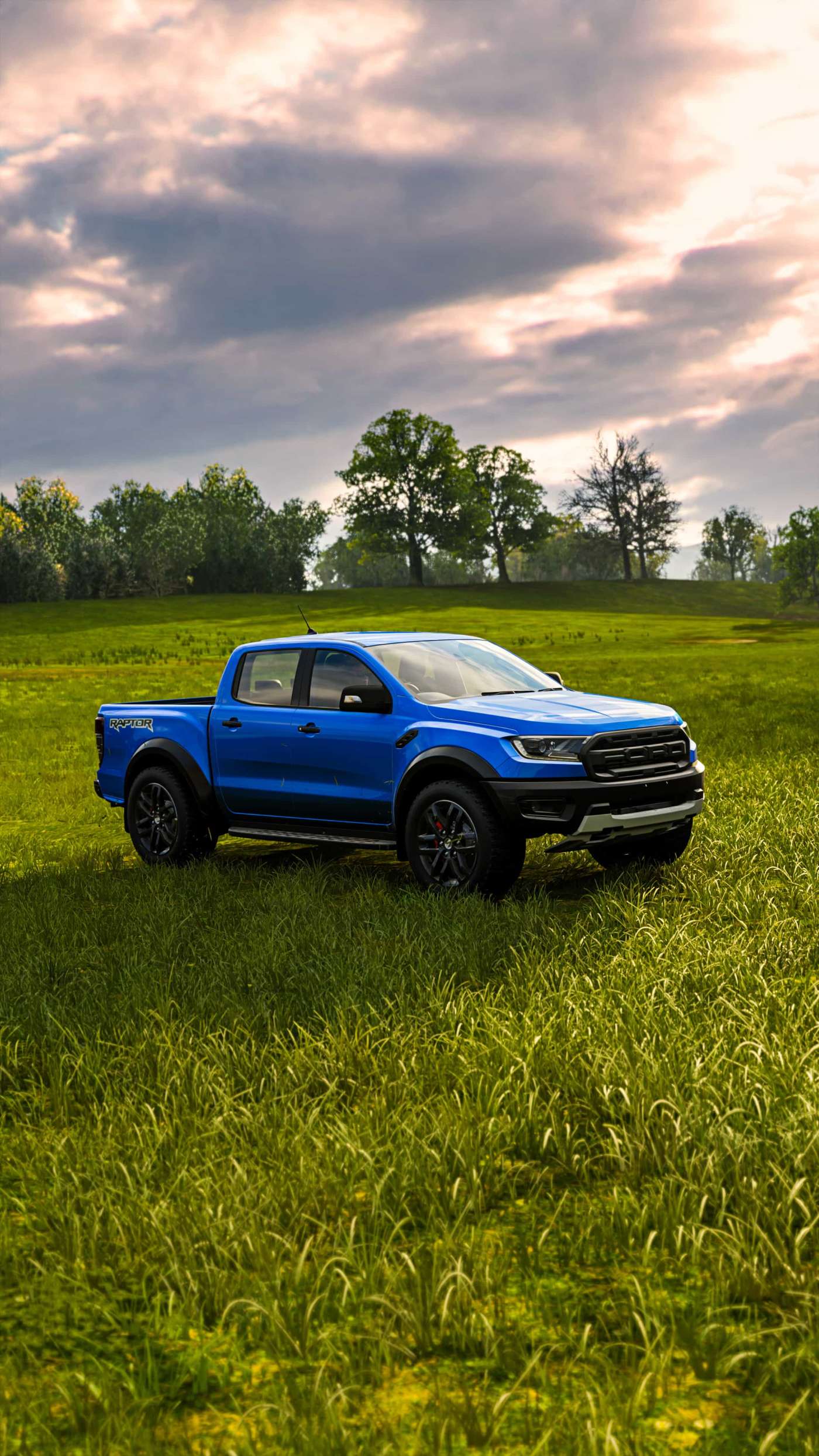 Blue Raptor in Grassy Field — phone wallpaper preview