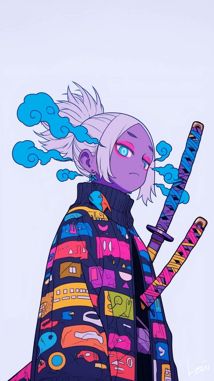 Vibrant Anime Warrior with Katanas — phone wallpaper preview