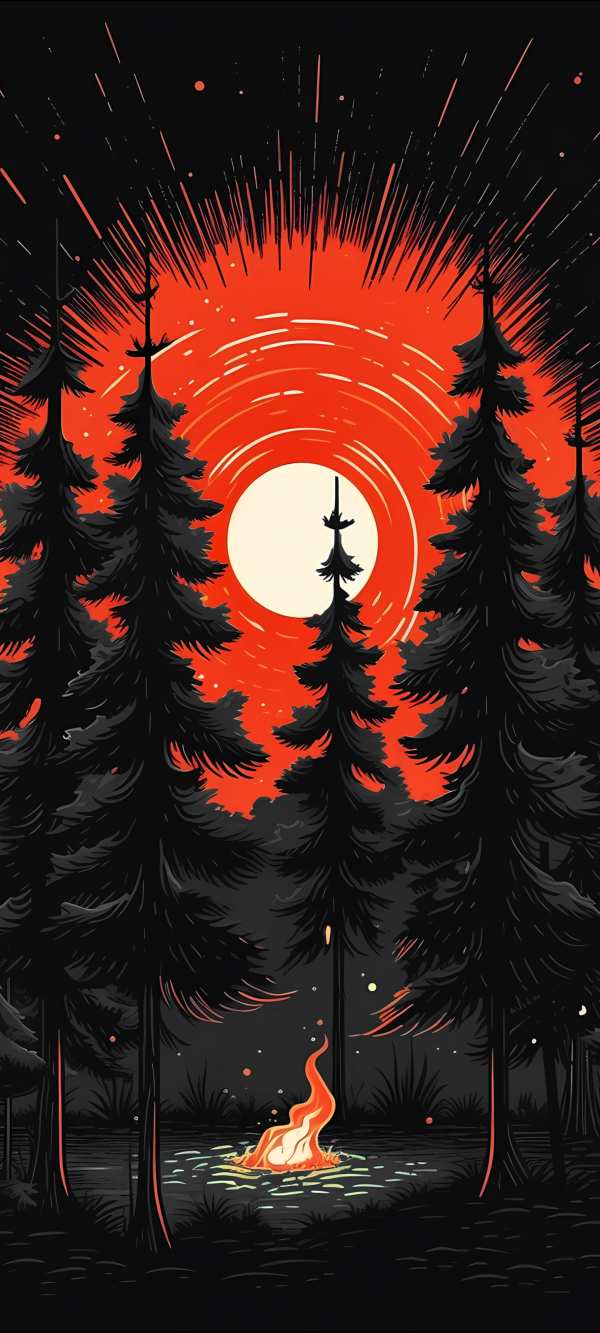 Red Sky Pine Forest Campfire — phone wallpaper