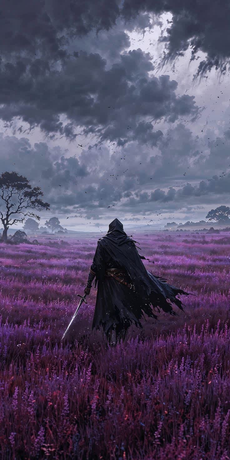 Mysterious Wanderer in Lavender Field — phone wallpaper preview