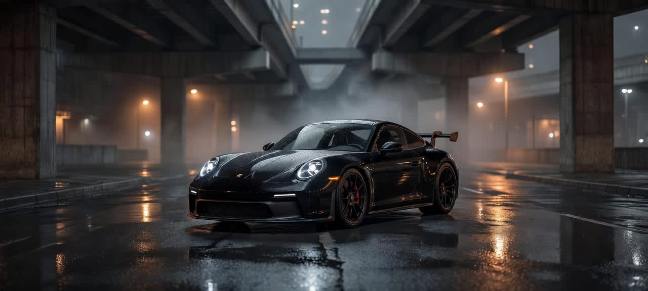 Dark Porsche Under City Overpass — desktop wallpaper preview