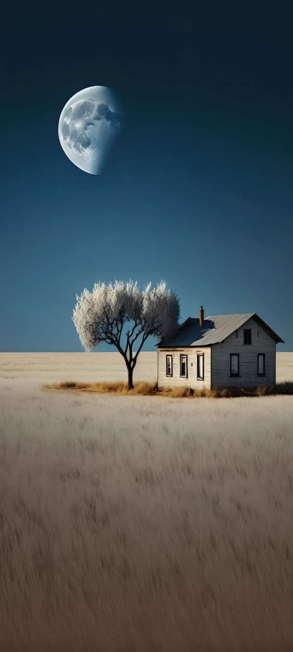 Solitary House Under Winter Moon — phone wallpaper
