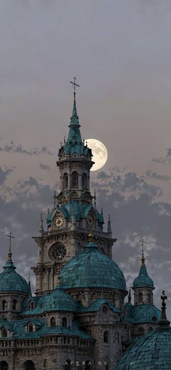 Moonlit Cathedral Spires at Dusk — phone wallpaper