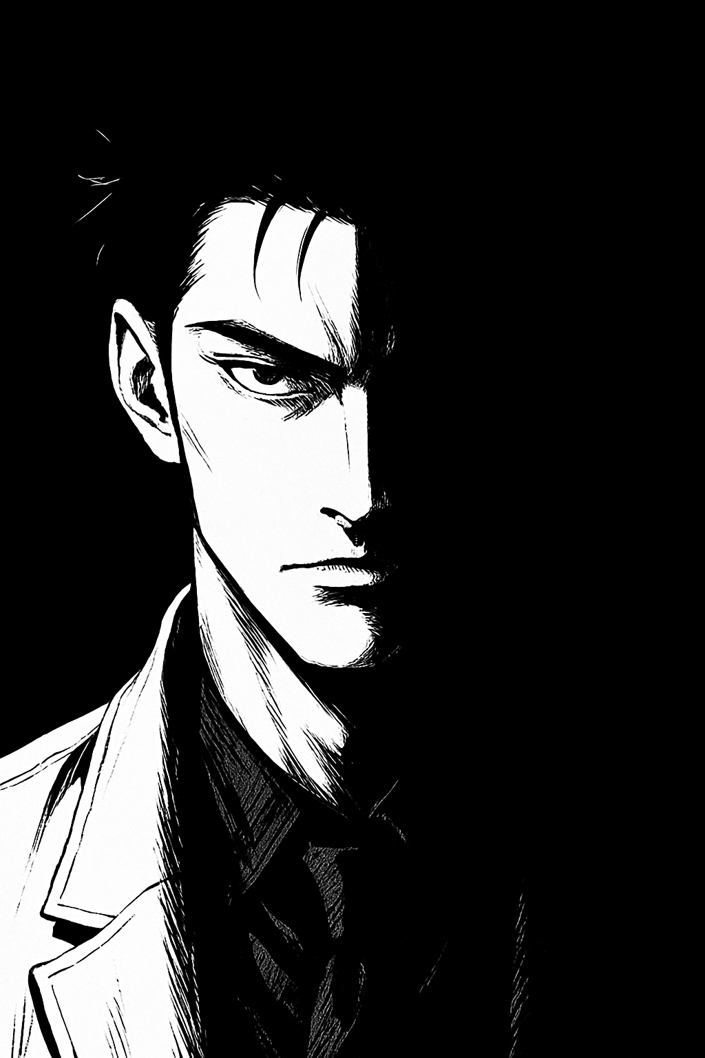 Intense Gaze Shadowed Anime Portrait — phone wallpaper preview