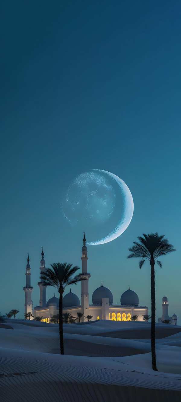 Crescent Moon Over Desert Mosque — phone wallpaper