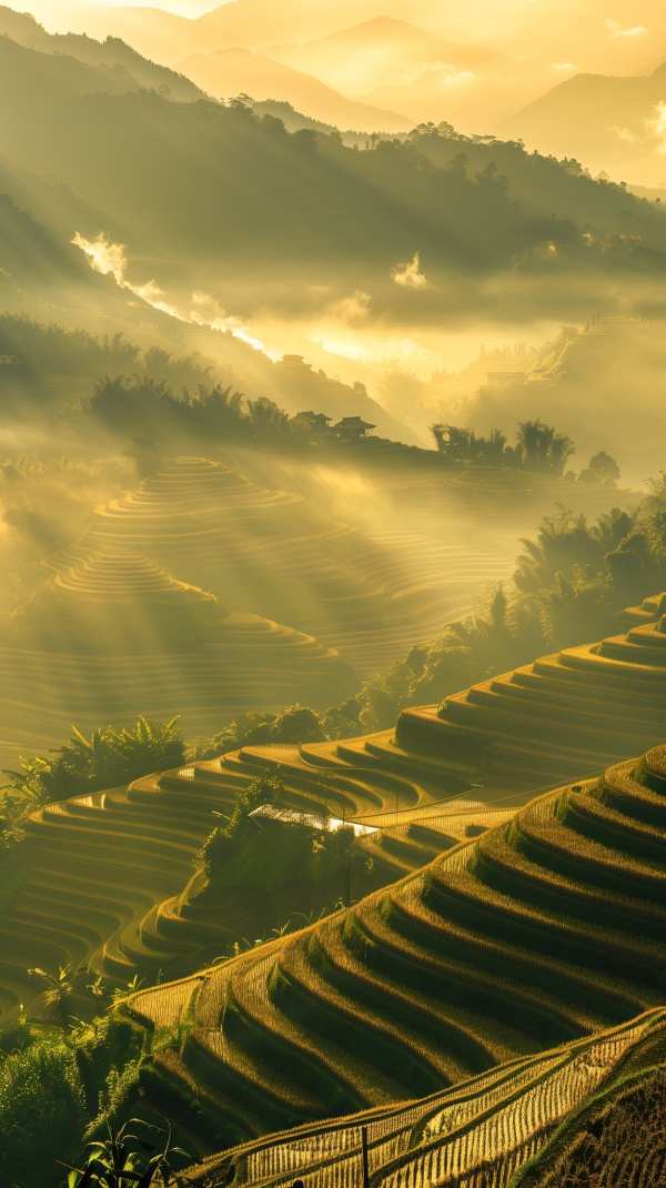 Golden Terraces Misty Mountain Sunrise — phone wallpaper