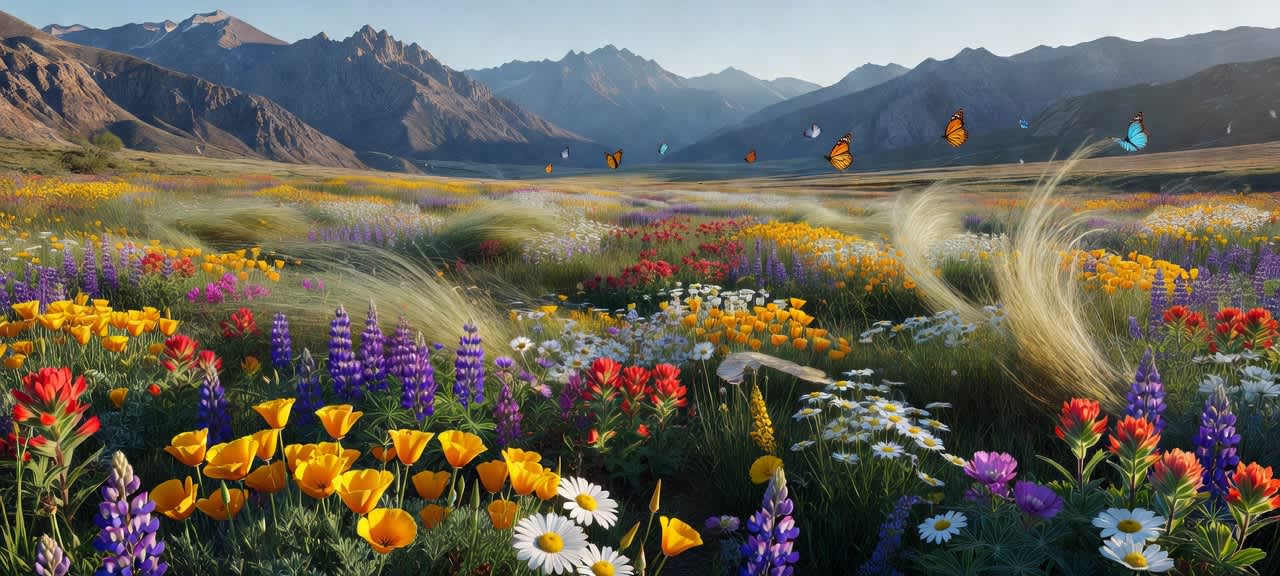 Vibrant Mountain Meadow Butterflies — desktop wallpaper preview