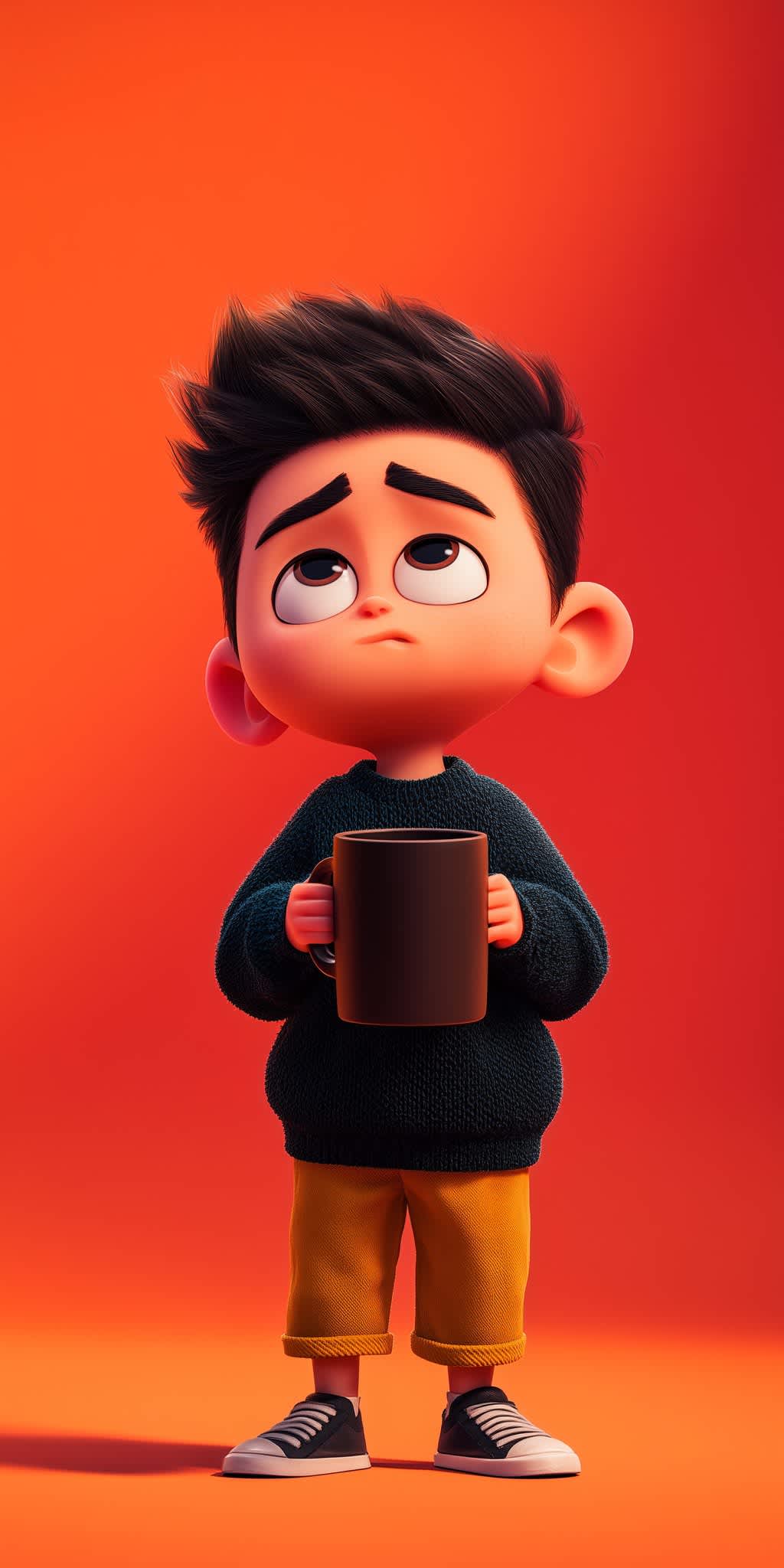 Contemplative Boy Holding Coffee Mug — phone wallpaper preview