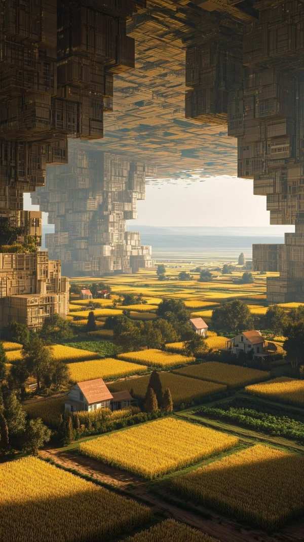Surreal Floating Structures Over Golden Fields — phone wallpaper