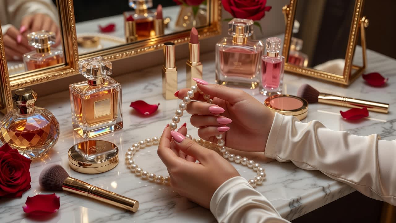 Elegant Vanity with Pearls and Perfume — desktop wallpaper preview