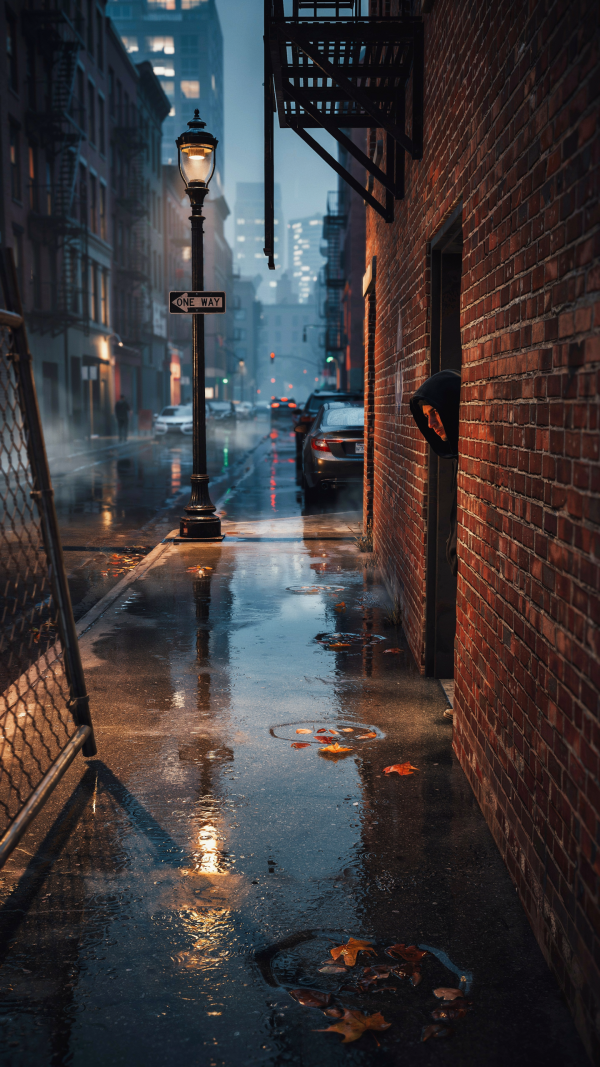Rainy City Alleyway at Dusk — phone wallpaper