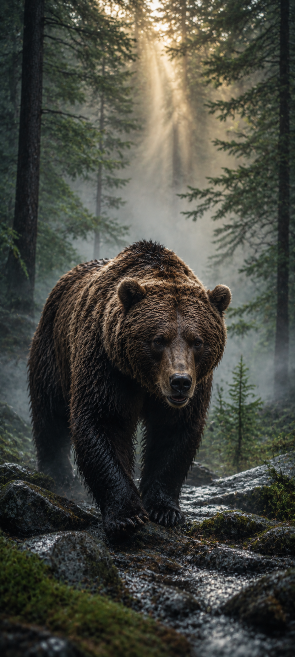 Majestic Bear in Sunlit Forest — phone wallpaper
