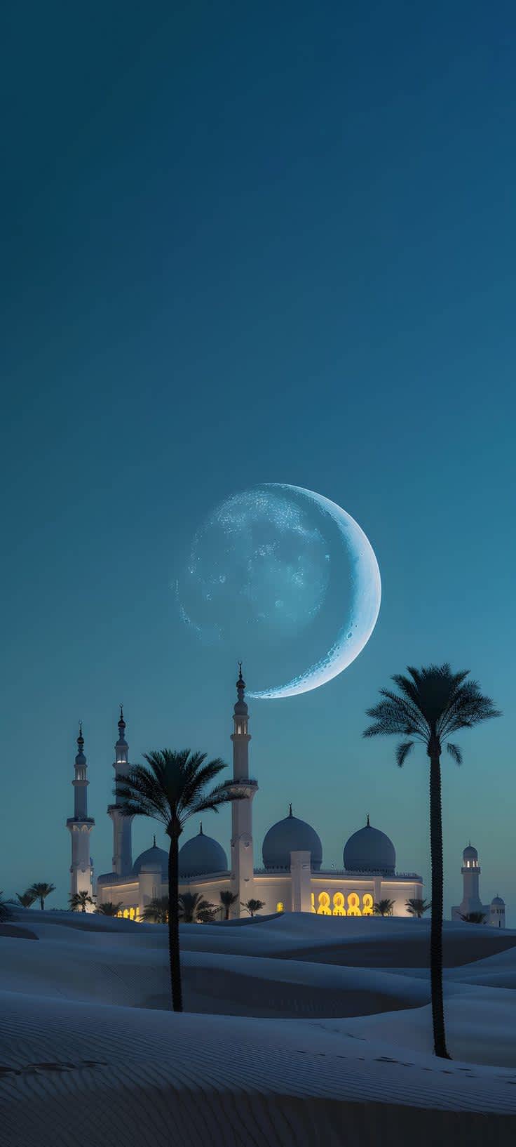 Desert Mosque Under Crescent Moon — phone wallpaper preview
