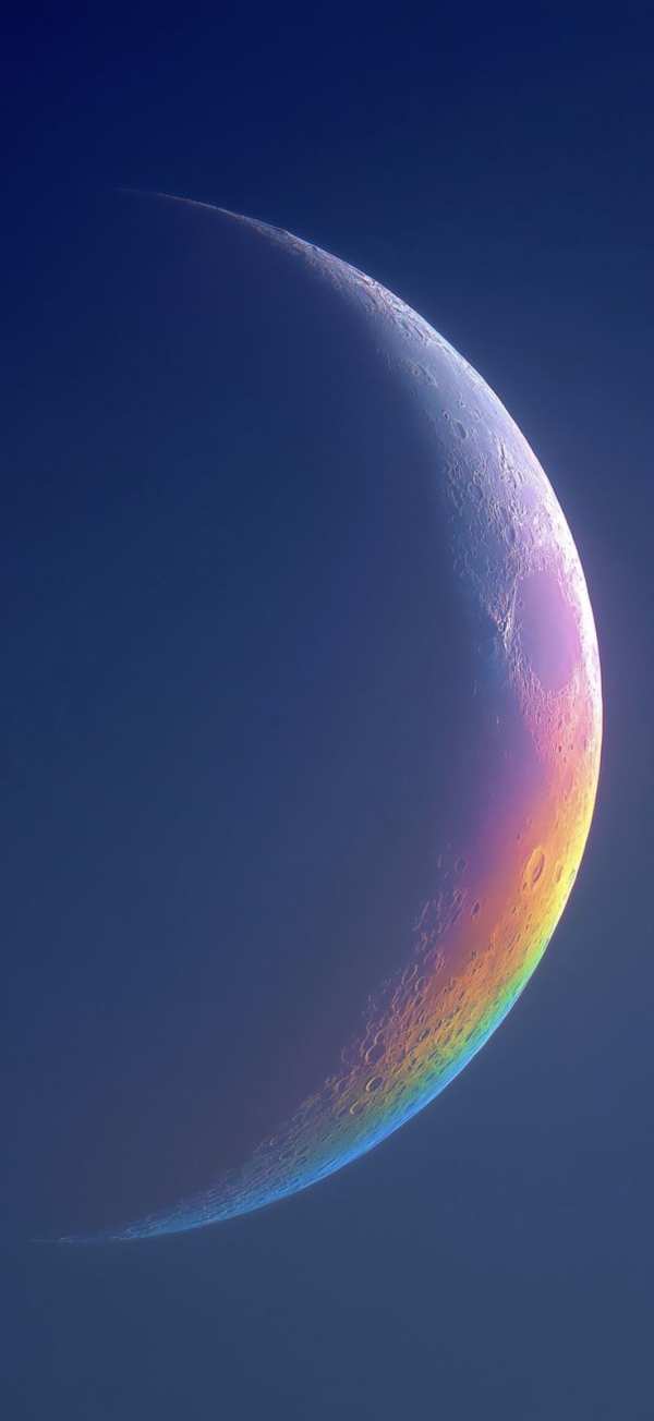Rainbow Crescent Moon in Deep Blue — phone wallpaper