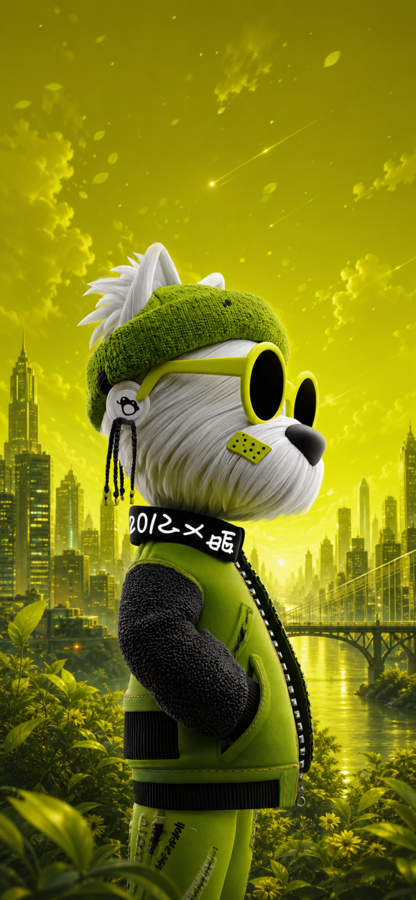 Vibrant Urban Bear with Green Beanie — phone wallpaper