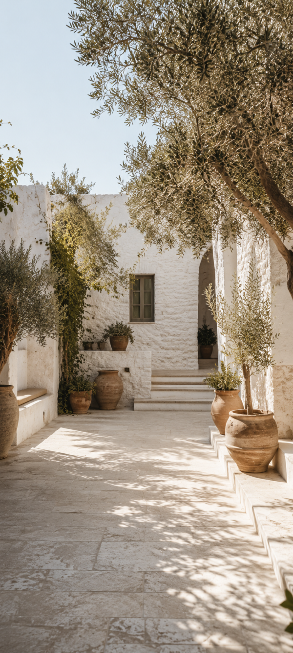 Sunlit Mediterranean Courtyard Olives — phone wallpaper