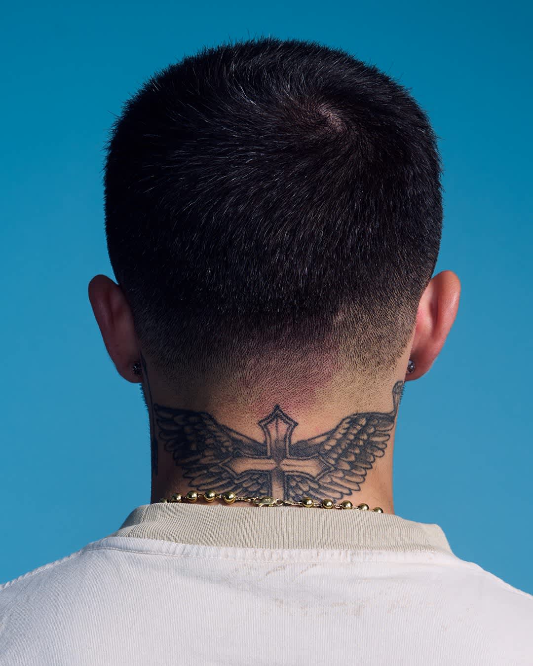 Winged Cross Neck Tattoo Blue — phone wallpaper preview