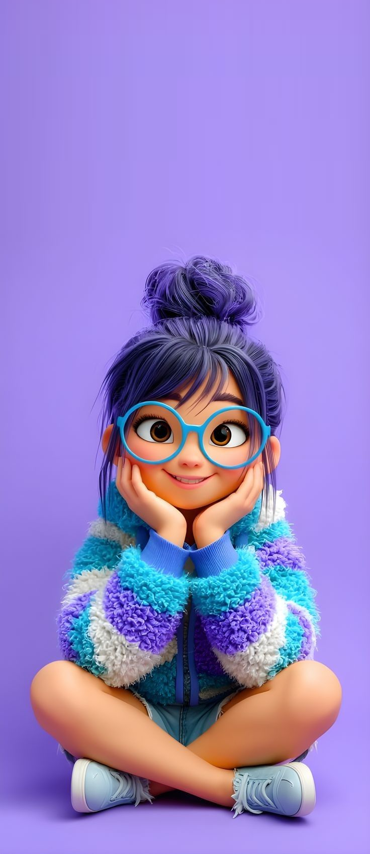 Cheerful Cartoon Girl Purple Aesthetic — phone wallpaper preview