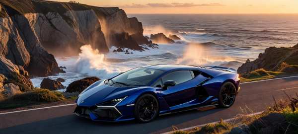 Blue Supercar Coastal Sunset Drive — desktop wallpaper