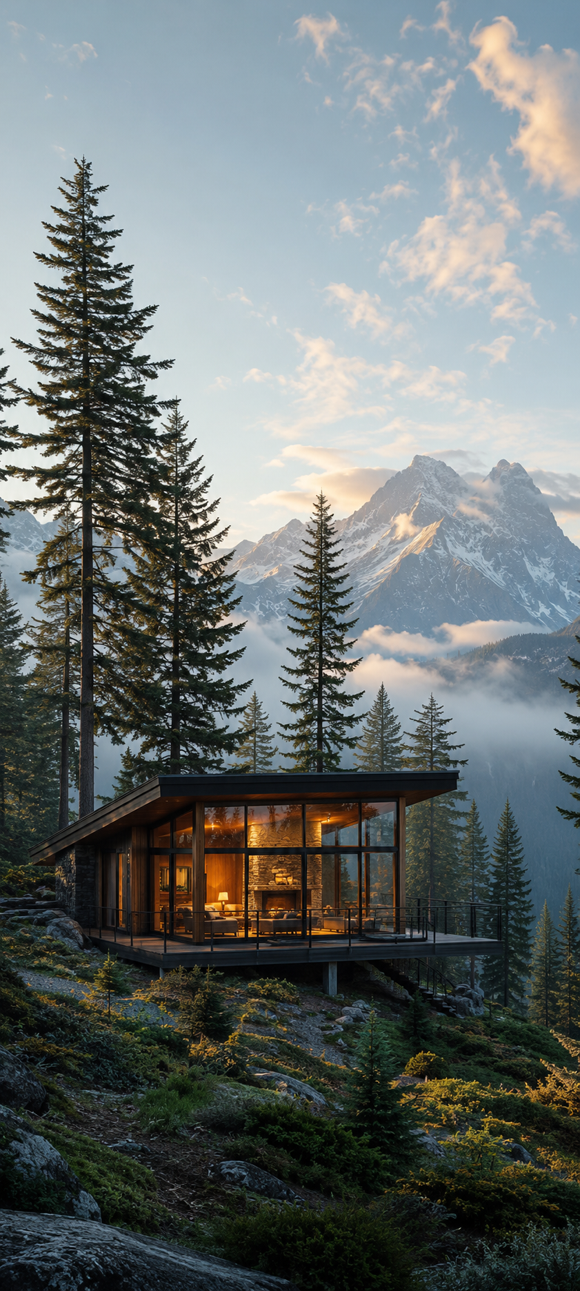 Modern Cabin in Mountain Forest Sunset — phone wallpaper preview