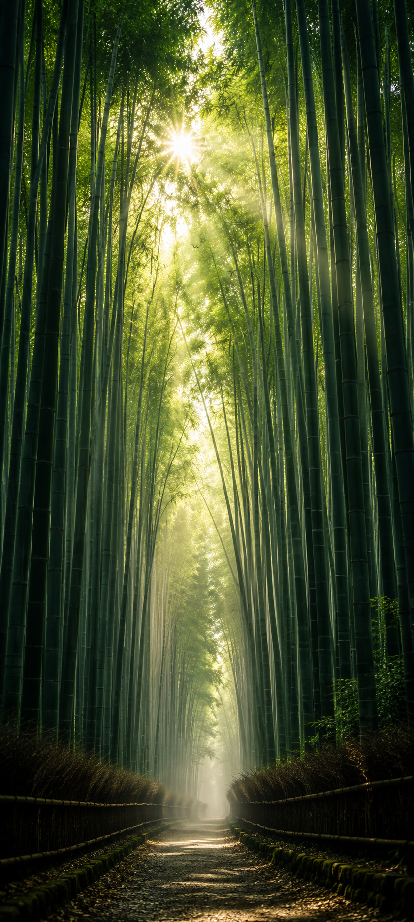Sunlit Path Through Bamboo Forest — phone wallpaper preview
