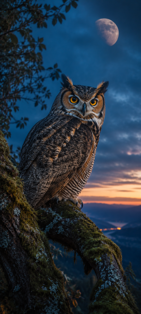 Majestic Owl Under Twilight Moon — phone wallpaper