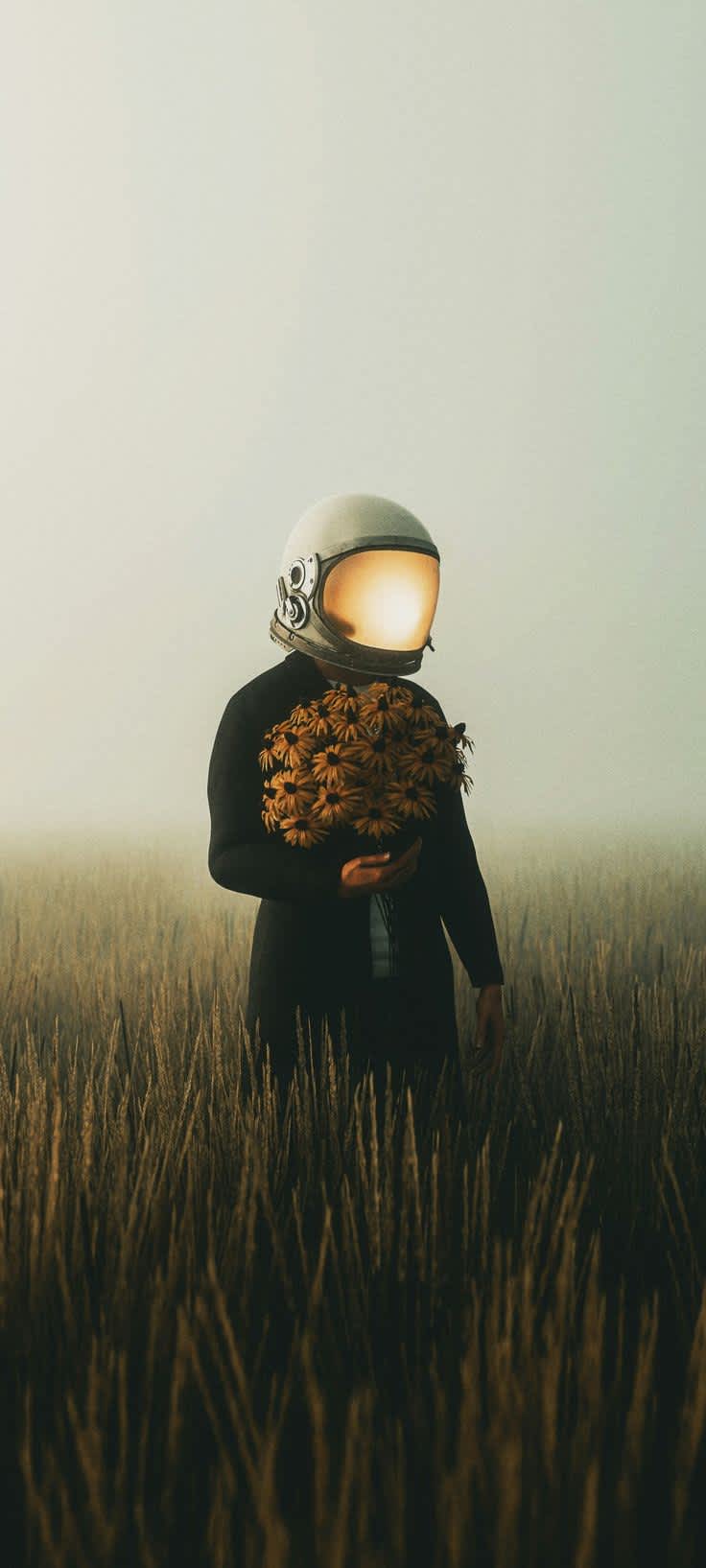 Astronaut in Misty Field with Flowers — phone wallpaper preview