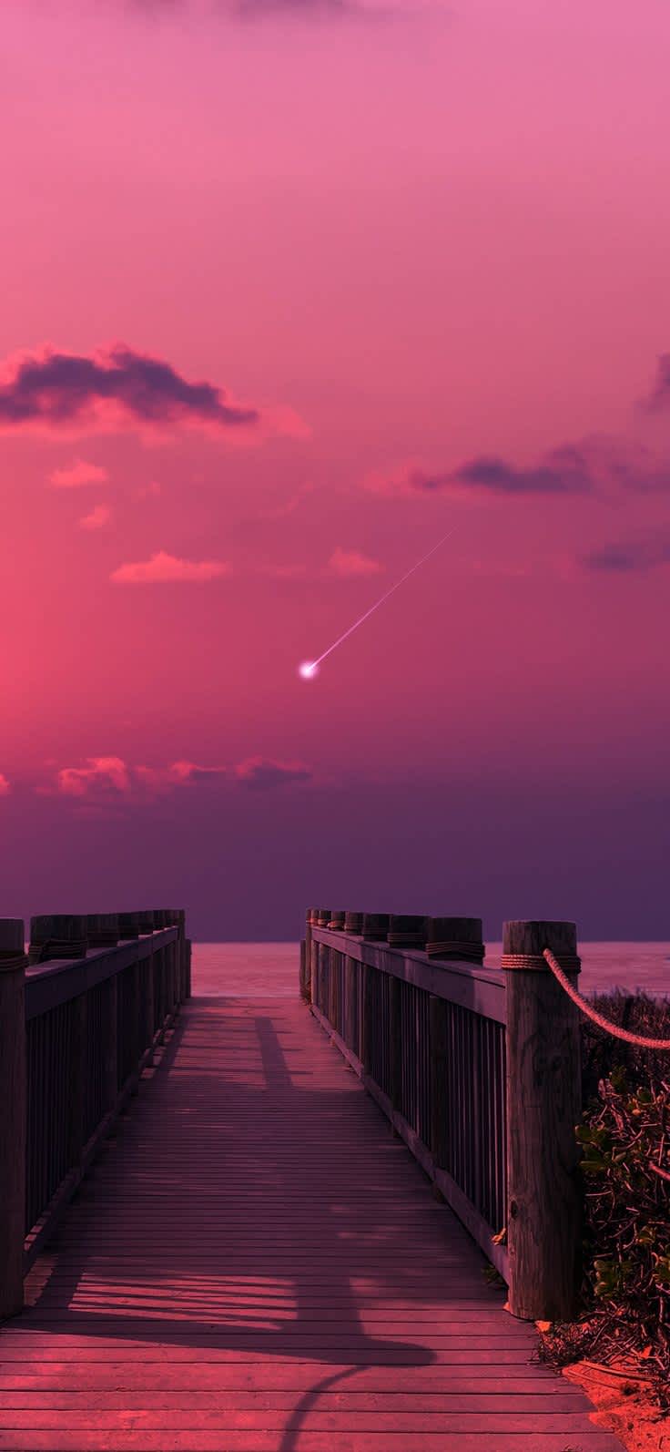 Pink Sunset Boardwalk Shooting Star — phone wallpaper preview