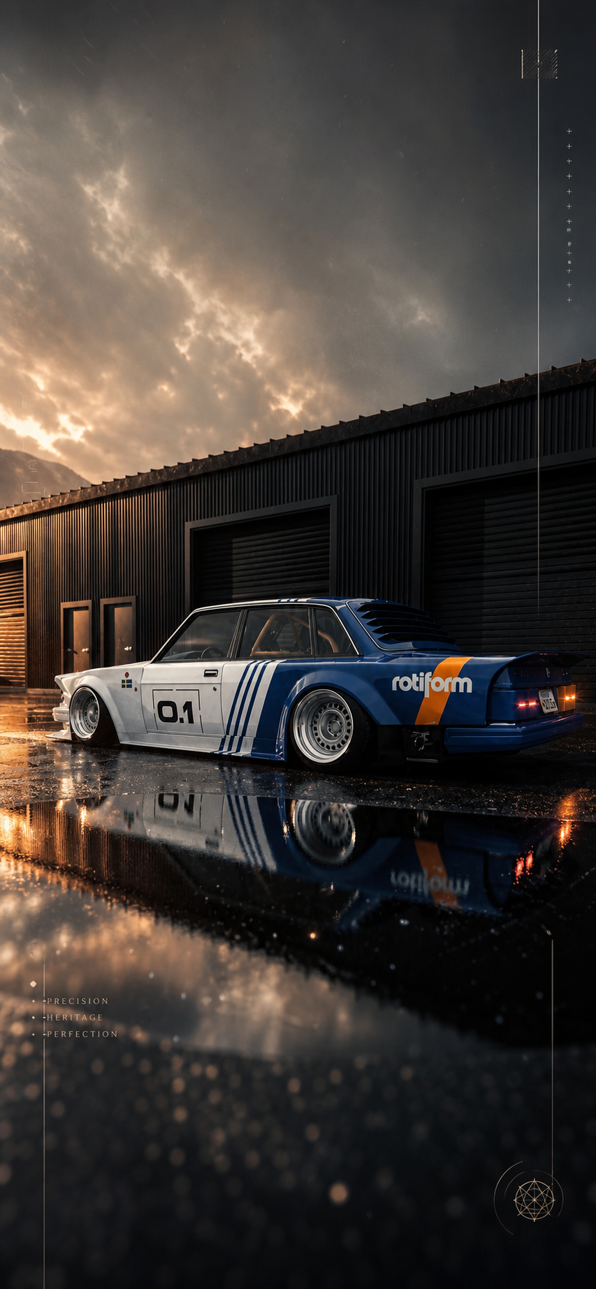 Stanced Race Car Sunset Reflection — phone wallpaper preview