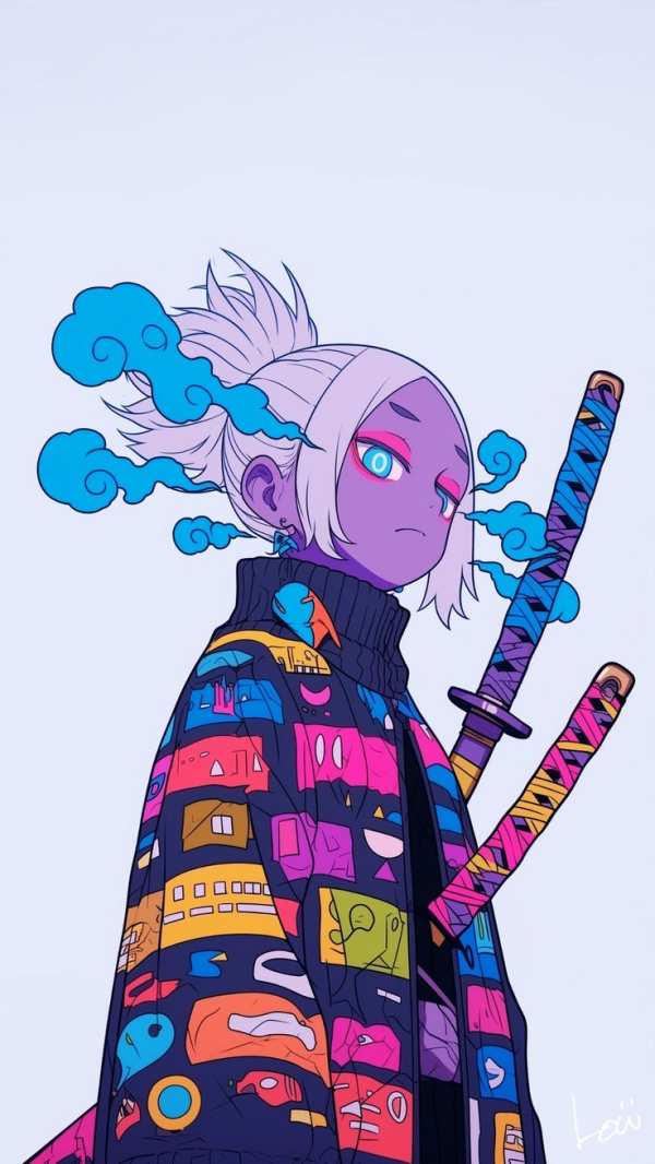 Vibrant Anime Warrior with Katanas — phone wallpaper