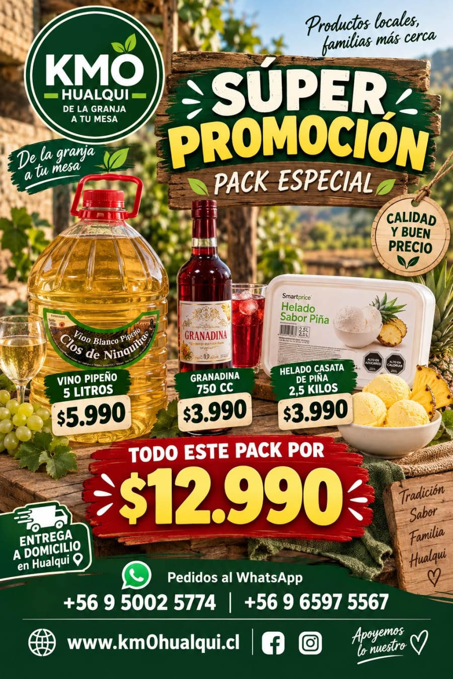 Vino pipeño, granadina y helado casata de piña del Combo Terremoto KM0