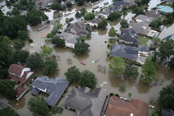 Flooded homes are shown near Lake Houston following Hurricane Harvey on August 30, 2017.