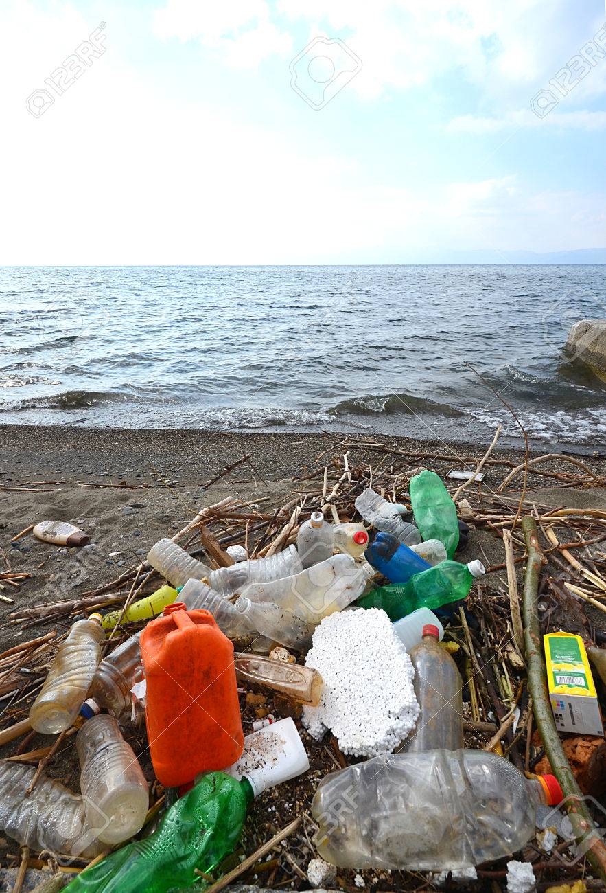 Pollution concept Plastic pollution on a beach of Lake Ohrid Macedonia