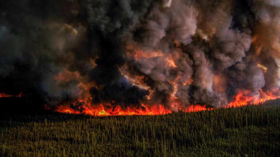 Smoke billows upwards from a planned ignition by firefighters tackling the Donnie Creek Complex wildfire south of Fort Nelson, British Columbia, Canada, June 3, 2023.