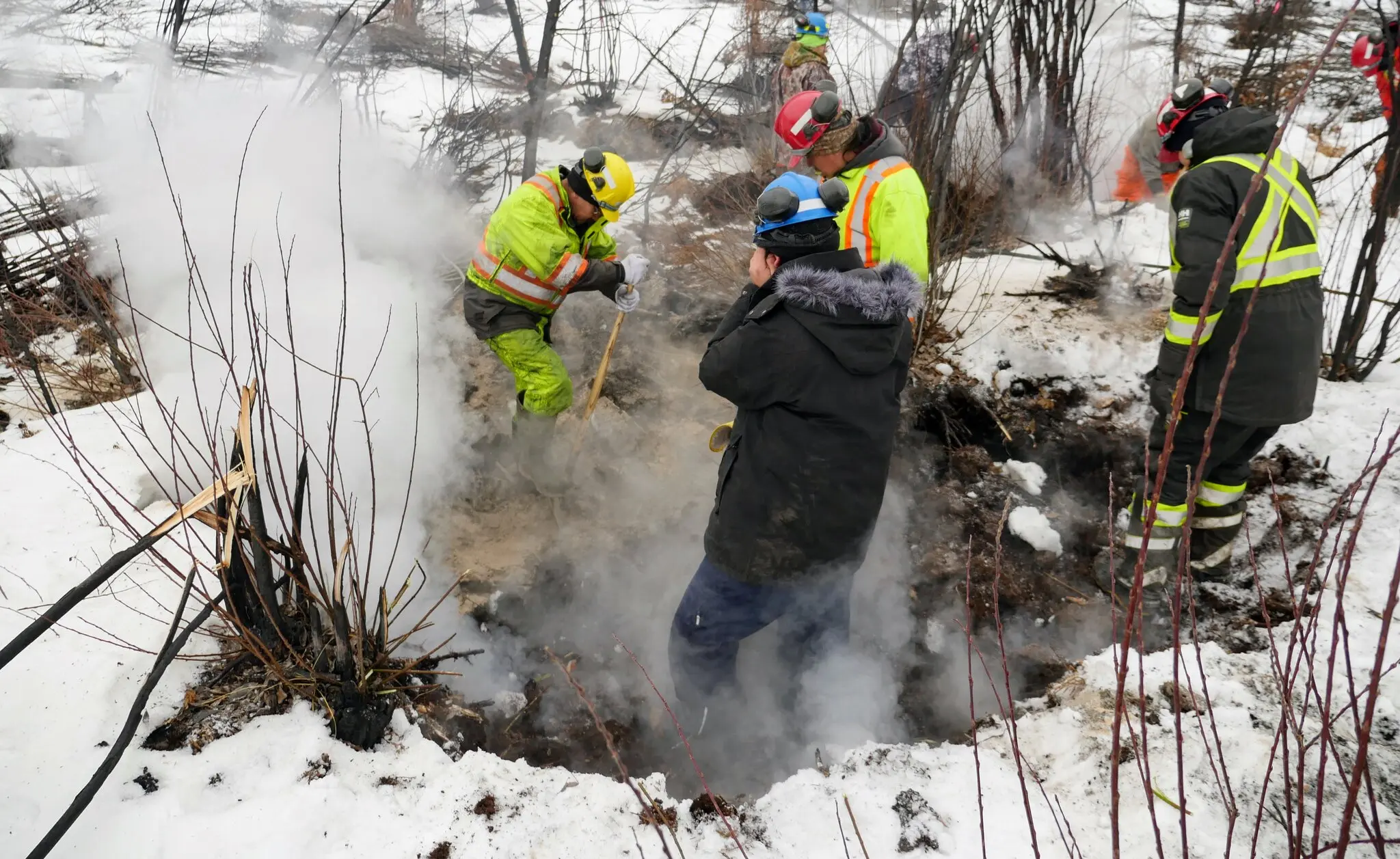 Battling an underground fire last month in Fox Lake, Alberta. The number of such fires this winter is far higher than usual, prompting fears that some could erupt aboveground as spring approaches.