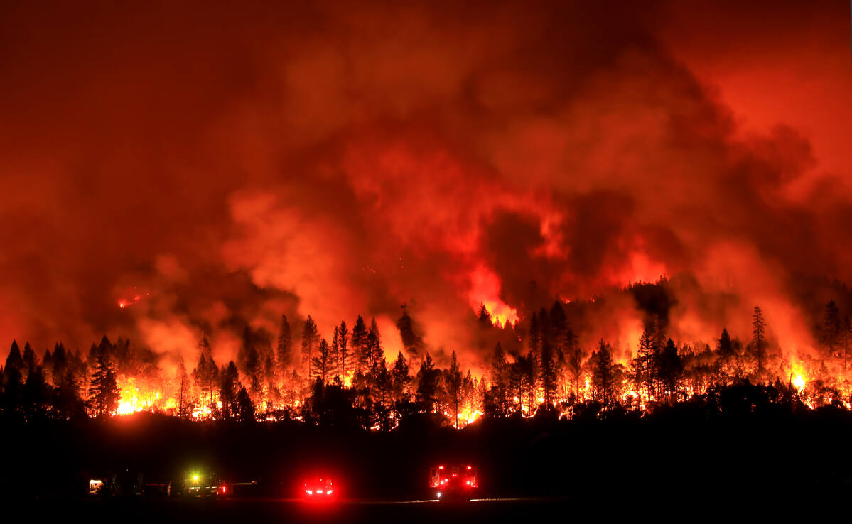 August Complex fire. In this photo, fire burns on Hull Mountain above Lake Pillsbury in Lake County on Sept. 21, 2020.