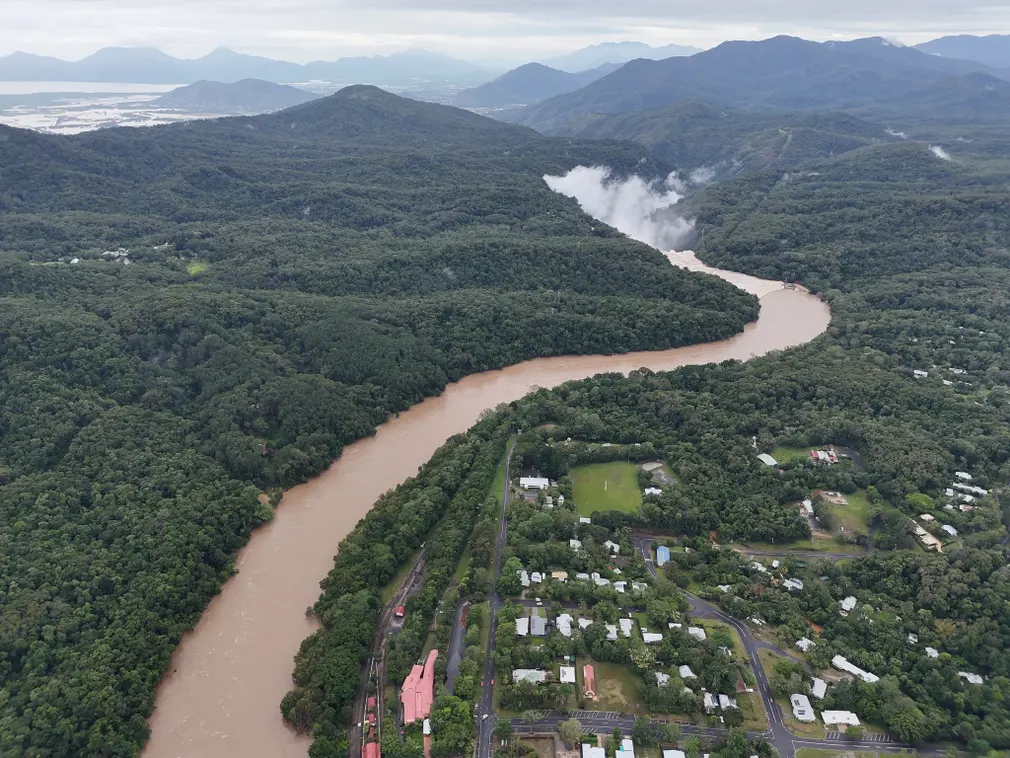 Barron River, looking south of Kuranda, with Cairns in the background.