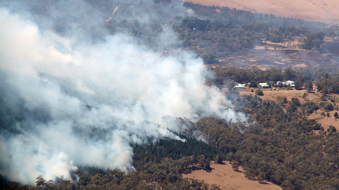 Smoke from bushfires rises north of Beaufort, near Ballarat in Victoria, Australia on February 24, 2024.