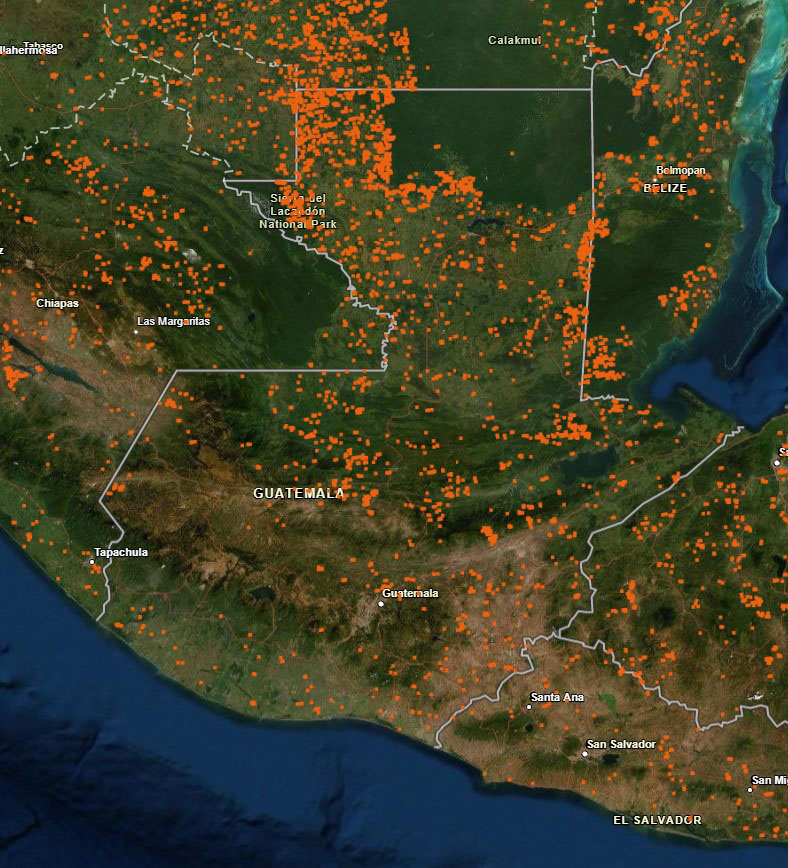 NASA Fire Information for Resource Management System (FIRMS) map showing fires detected in Guatemala by the Aqua MODIS instrument for the month of April 2020. Each hotspot / active fire detection shown in orange represents the center of a pixel flagged as containing one or more fires, or other thermal anomalies.