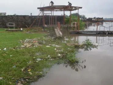 Plastic litter is washed ashore during high tides in the Wouri Estuary. This scene also highlights the encroachment of people and construction on estuary coast.